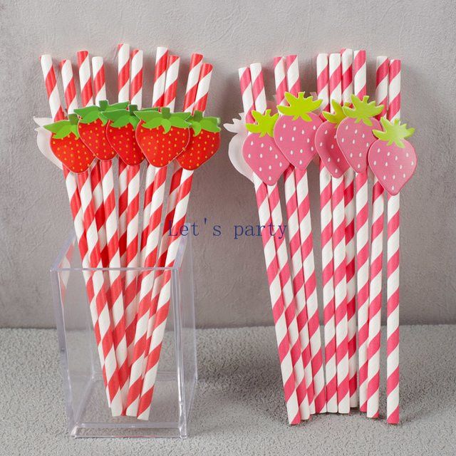 30 Stück Einweg-Papierstrohhalme mit Obst- und Erdbeer-Design in Pink und Rot für Kindergeburtstage und Partys - Bild 1