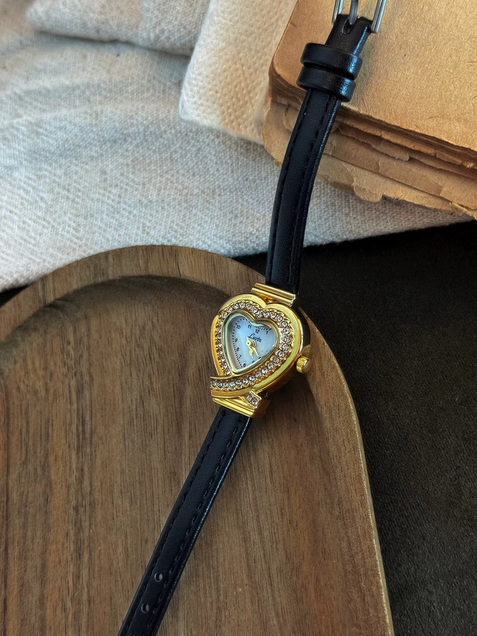 LSVTR Armbanduhr Quarz, herzförmig, Leder, Schwarz, Gold, Damen - Bild 2