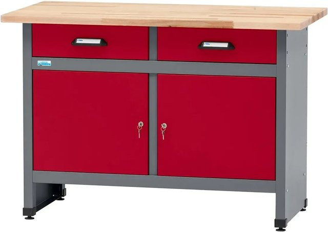 Küpper Werkbank-Set mit Vollbuchenplatte in Dunkelrot, B/T/H: 180 x 91 x 45 cm - Bild 1
