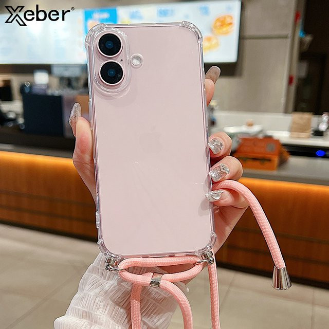 Xeber Umhängetasche mit Lanyard-Halskette und Kordel für iPhone 16 Pro Max und 15 Plus, transparent und rot, stoßfeste TPU-Schutzhülle - Bild 1