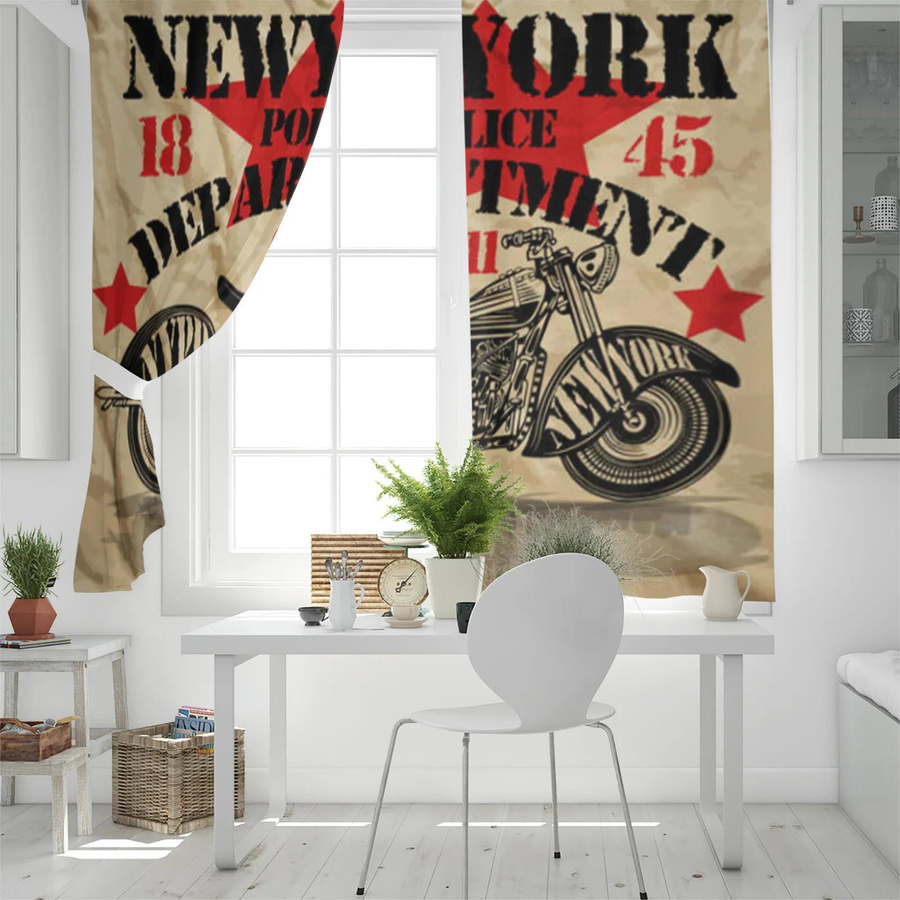 Yiran Furniture Retro New York Motorrad Vorhang Set aus Polyester, 2 Paneele, halbtransparent, Mehrfarbig, B: 100 cm, H: 130 cm - Bild 1