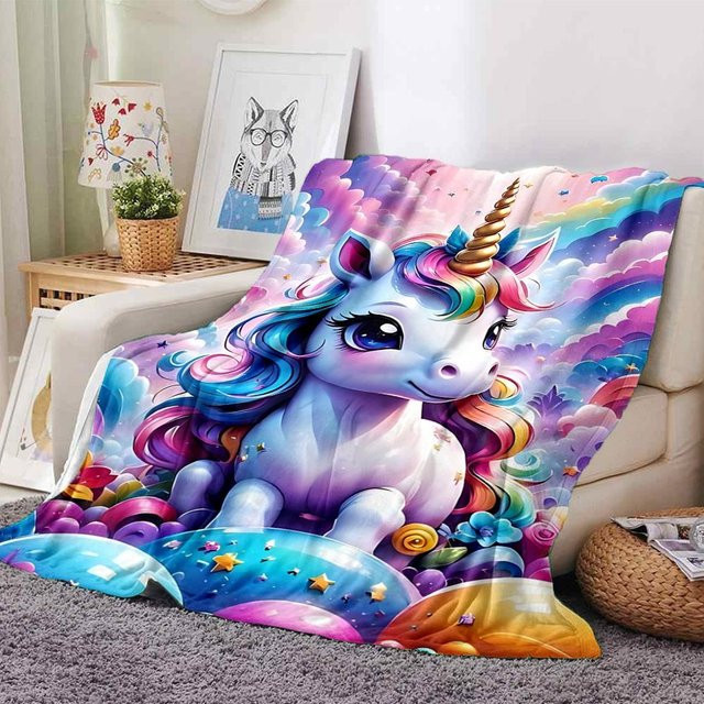 Yun Heng Four Einhorn Regenbogen Decke aus Flanell, Mehrfarbig, B: 120 cm, T: 80 cm - Bild 1