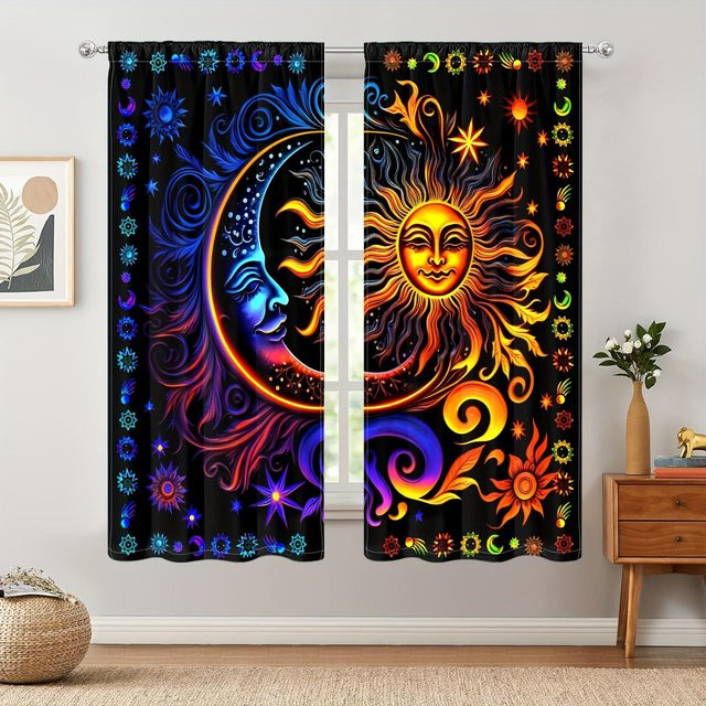 2er-Set Vorhänge mit abstraktem Sonne und Mond Muster in Blau und Multicolour, halbtransparente Fenstervorhänge aus Polyester für Wohnzimmer, Schlafzimmer oder Büro, Breite: 70 cm, Höhe: 107 cm - Bild 1