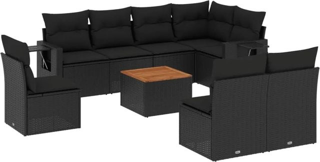 vidaXL 9-teilige Garten-Sofagarnitur aus Poly-Rattan und Akazienholz in Schwarz mit Kissen - Bild 1