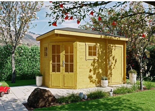 Fjordholz Gartenhaus Evelyn 1D als 5-Eck aus imprägnierter Kiefer in Braun und Gelb mit Fenster und Tür - Bild 1