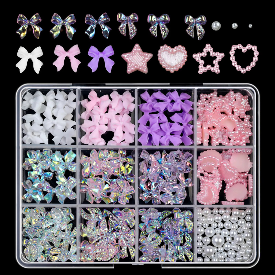 HotPress Nagel Charms Mixed Bowknot Perle Herz Blume Stern Mond, 12 Grids - Bild 2