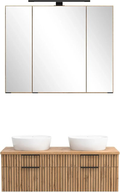 Held Möbel Waschtisch-Set mit Spiegelschrank und zwei runden Keramikbecken in Eiche und Weiß, B/T/H: 200 x 120 x 47 cm - Bild 1
