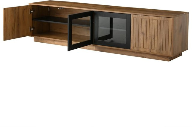 okwish TV Schrank mit LED und Glas Stauraum in Natur und Schwarz, B/T/H: 180 x 40 x 45 cm - Bild 1