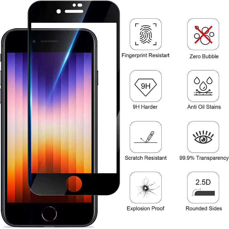 2/4 Stück Displayschutzfolie aus gehärtetem Glas für Apple iPhone 7, iPhone 8 Plus, iPhone SE 2020 und iPhone SE 2022, transparent/schwarz - Bild 3