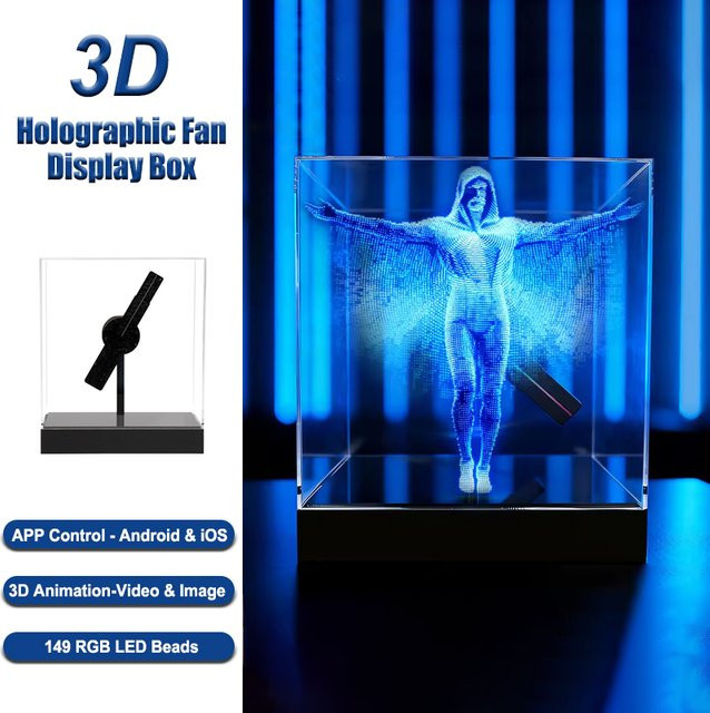 OIMG 3D Hologramm Fan mit LED-Anzeige und Mini-Logo Projektor für 3D Werbung in Schwarz, Durchmesser: 20 cm - Bild 1