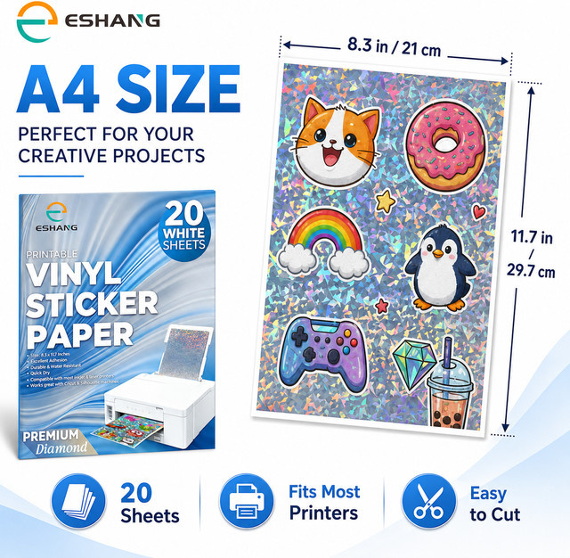 20 Stück bedruckbares Vinyl-Aufkleberpapier in A4 mit Diamantmuster und Hologramm-Glasbruch-Effekt, wasserfest, multicolour, geeignet für Tintenstrahl- und Laserdrucker - Bild 1