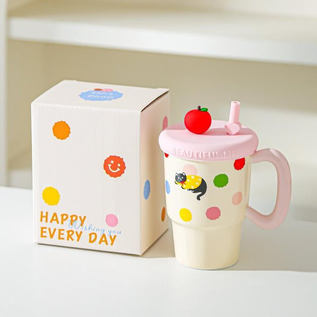 Apple Keramik-Schnabeltasse mit Herz und Katten-Motiv für Mädchen, Mehrfarbig, 300 ml - Bild 1