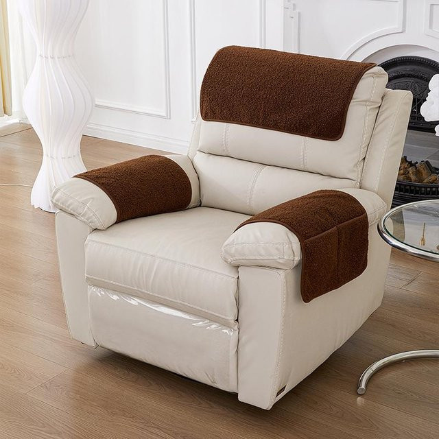 3er-Set dehnbarer Fleece Sofa-Armlehnenbezug mit Taschen und Kopfstütztuch, rutschfest, braun - Bild 1