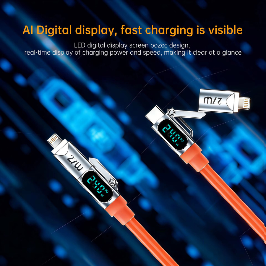 Setolgh 4-in-1 Spiralkabel mit LCD Dynamischem Display und 240W Schnellladefunktion, einziehbares USB-C Autokabel in Orange für iPhone und Samsung Galaxy, Farbe: Orange - Bild 6