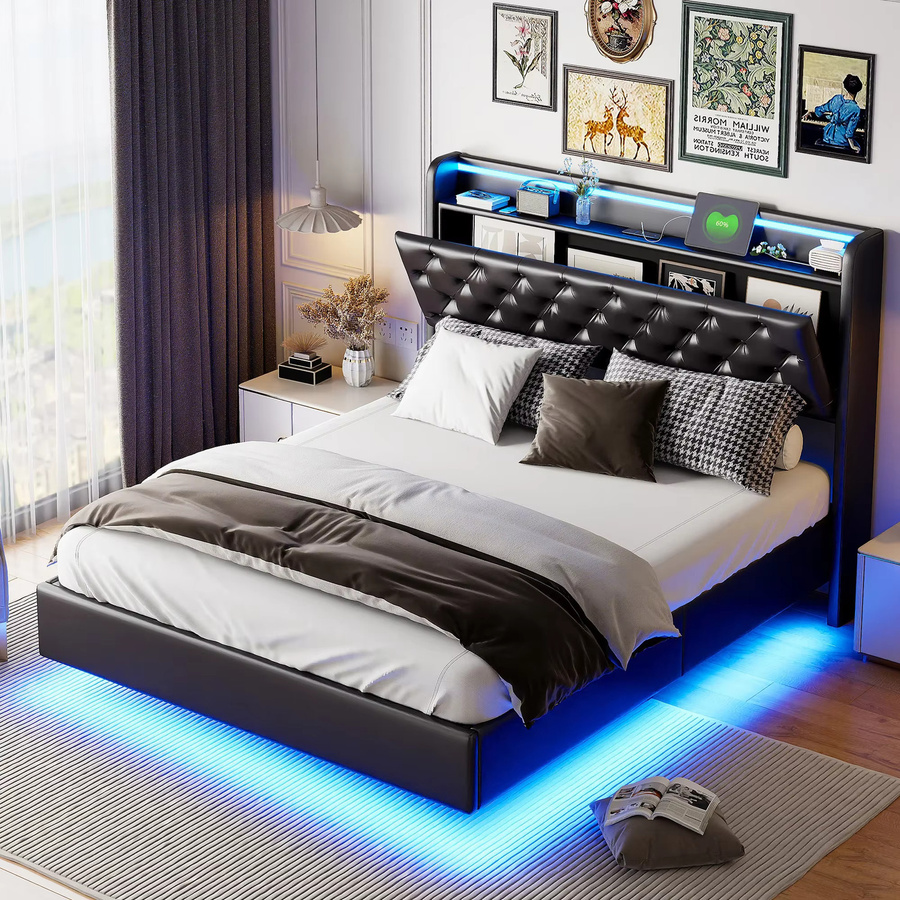 Rosahqnda Polsterbett mit LED-Beleuchtung und USB-Aufladung, B/T: 140 x 200 cm, modernes Doppelbett mit Stauraum im Kopfteil und PU-Bezug in Schwarz - Bild 3