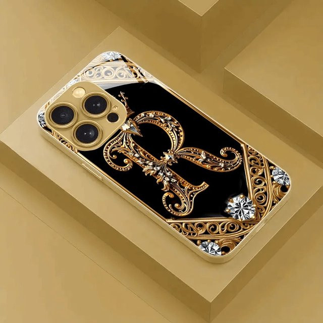 Elegante Glas Handyhülle mit Buchstabe R in Gold Metallic für iPhone 17 16 15 14 13 12 11 Pro Max und Modelle - Bild 1