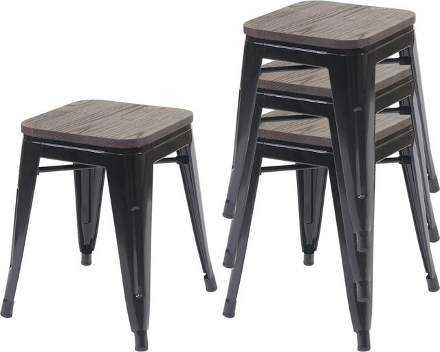 PROREGAL 4er-Set Stapelbare Hocker im Industrial-Design mit Ulmenholz-Sitzfläche und Metallgestell, Schwarz/Braun - Bild 1