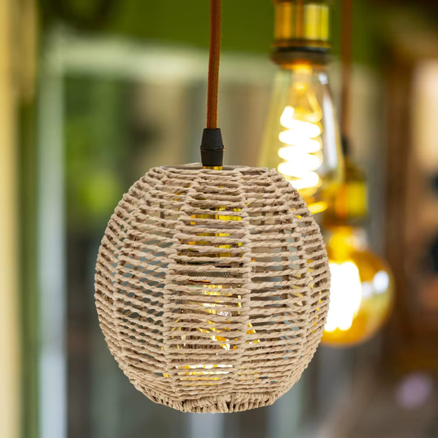 JOYINLED Boho Weiden-Lampenschirm in Beige, dekorative Kugel-Hängelampenabdeckung aus Rattan und Papier für E27/E26, Durchmesser: 15 cm - Bild 2