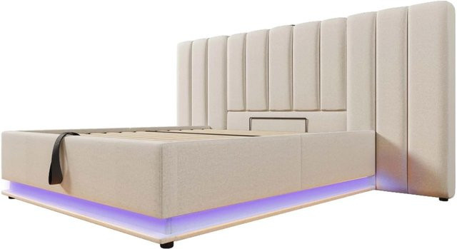 Merax Polsterbett mit Stauraum und LED-Beleuchtung sowie USB-C Anschluss in Beige, B/T/H: 180 x 200 cm - Bild 1