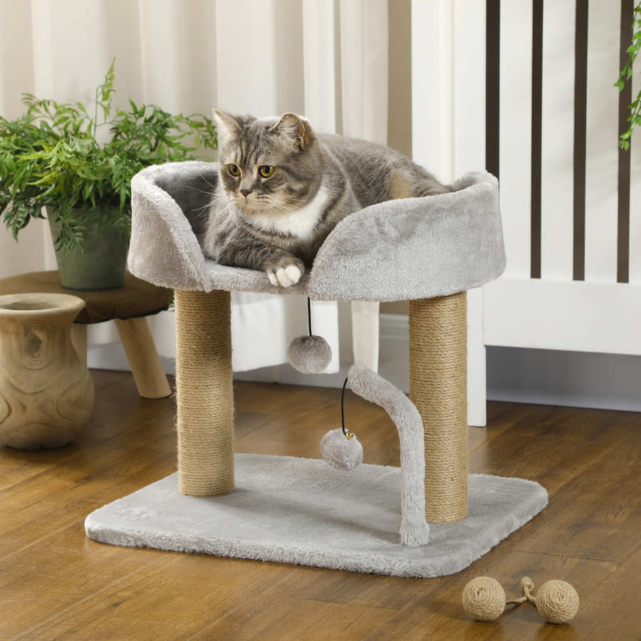 PawHut Kratzbaum für Wohnungskatzen in Grau mit Jute-Kratzpfosten, Plattform und integrierten Spielbällen, Höhe: 42 cm - Bild 2