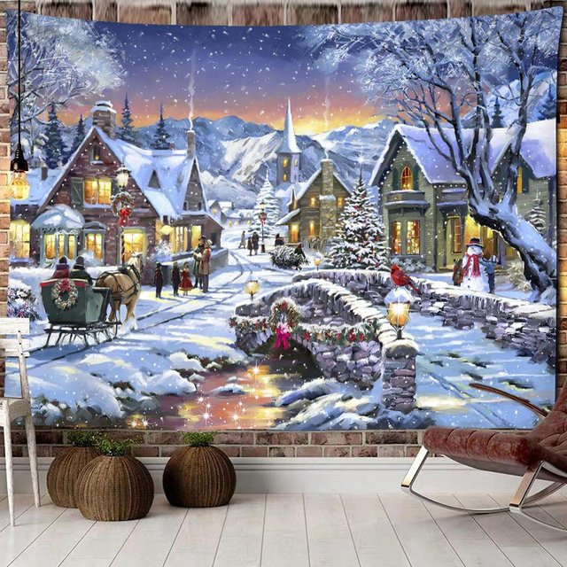 Wandteppich Super Six mit Elch und Wald-Schneeszene im Boho-Stil, B/H: 95 x 70 cm, Mehrfarbig - Bild 1