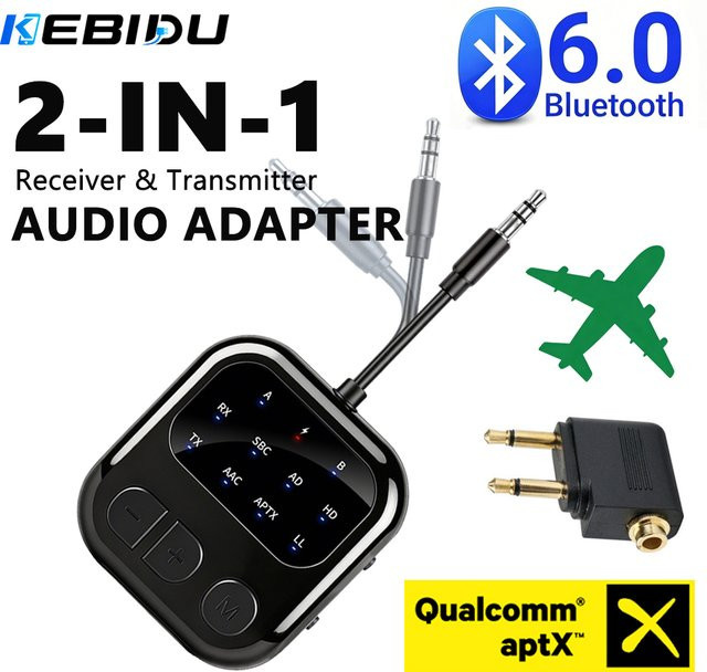 KEBIDU Bluetooth 6.0 Empfänger-Sender 2 in 1 Audio-Adapter mit AptX-Adaptive für Auto und Flugzeug, Schwarz - Bild 1
