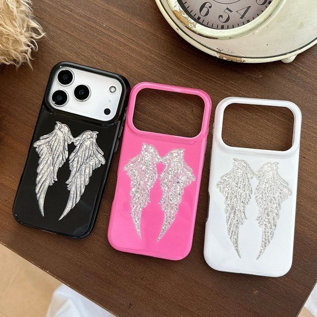 Potdemiel Handyhülle mit 3D Engelsflügeln im Cartoon-Design für iPhone 15 16 17 Pro Max, Schwarz, Rosa und Weiß - Bild 1