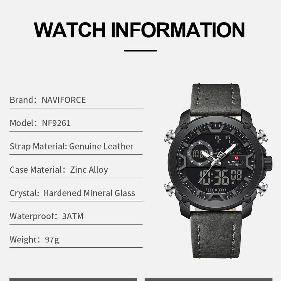 NAVIFORCE Armbanduhr, Quarz, Analog-Digital, Leder, Schwarz, Herren - Bild 5
