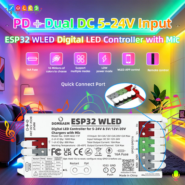 DOMRAEM ESP32 2-Kanal WLED Adressierbarer LED-Controller mit integriertem Mikrofon, RGBIC Unterstützung, WiFi und USB, Farbe Weiß - Bild 1