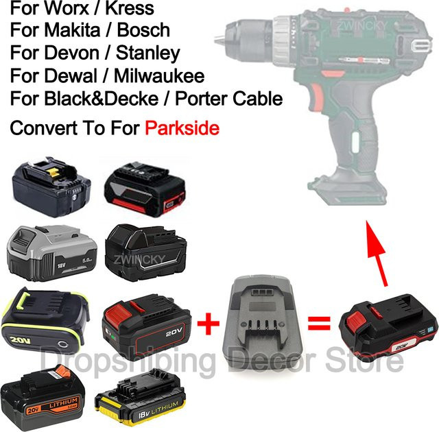 BSIDE Batterieadapter-Konverter Schwarz für Makita, Bosch, Dewalt, Milwaukee, Worx, Devon, Black & Decker und Stanley Li-Ionen-Akkus zur Nutzung mit Parkside-Werkzeugen - Bild 1