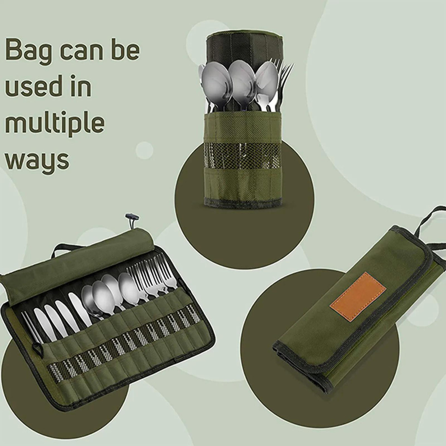 Binchi Outdoor Aufbewahrungstasche für Camping-Besteck, wasserdichte Roll-Up-Tasche in Grün - Bild 5