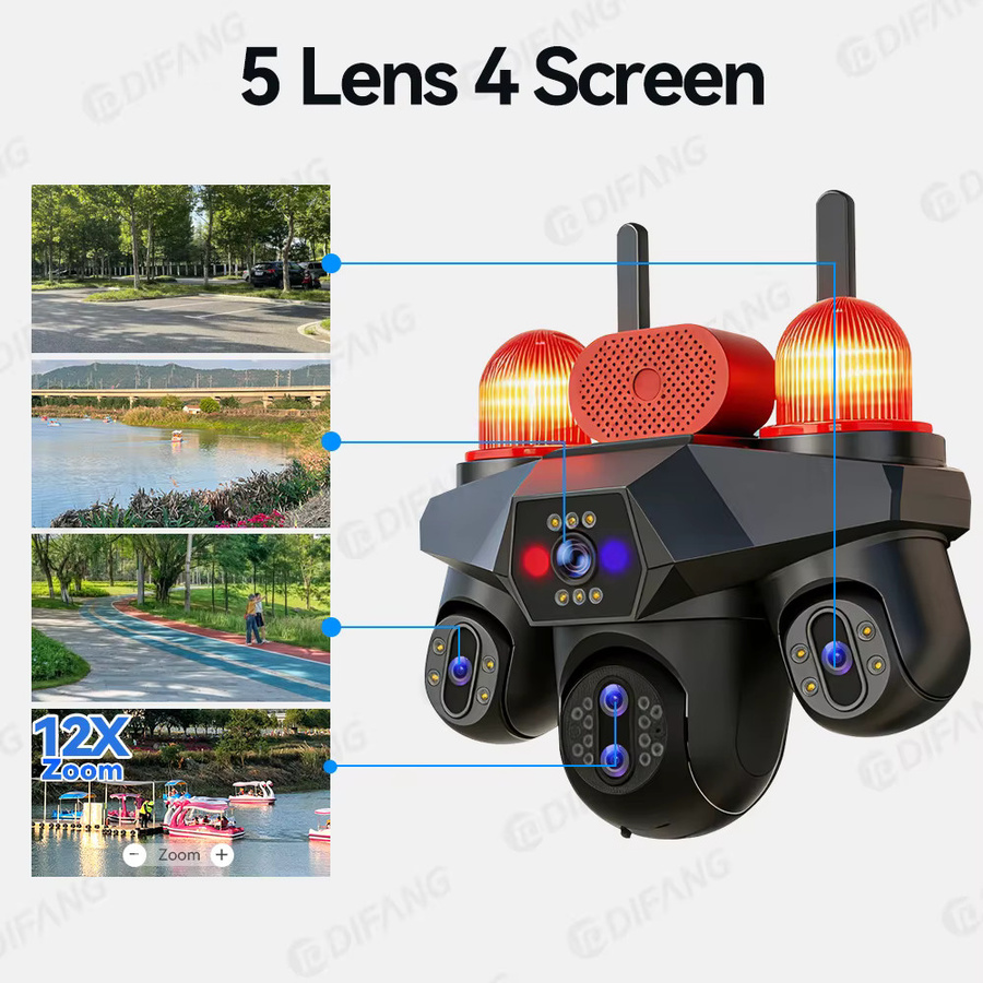 DIFANG 25MP AOV Solar-Kamera mit 5 Linsen und 4 Bildschirmen, 4G SIM Kabelloses PTZ CCTV-Überwachungssystem in Schwarz - Bild 2