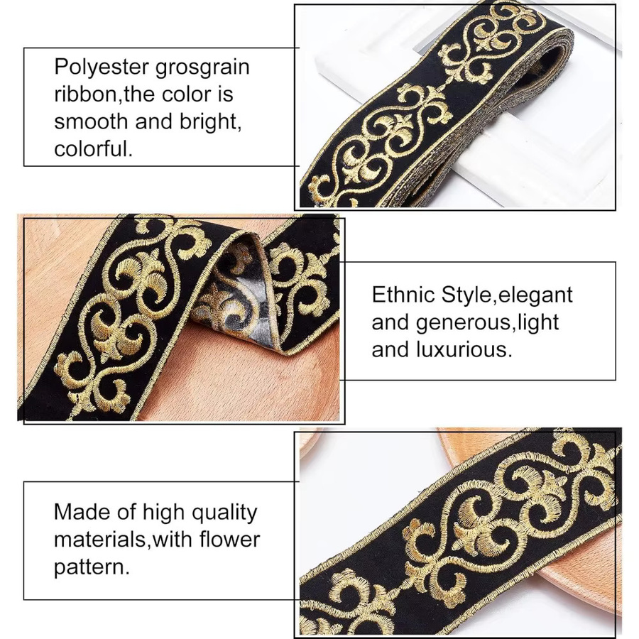 Jacquardband mit Blumenbesatz in Schwarz-Gold, 4 Yards, heiß klebender bestickter Spitzenbesatz mit Stofffransen - Bild 2