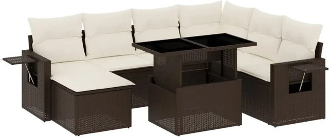 vidaXL 8-tlg Garten-Sofagarnitur in L-Form aus braunem Poly-Rattan mit cremeweißen Kissen und Metallrahmen - Bild 1