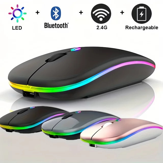 DIXSG Drahtlose Maus mit Bluetooth und 2,4 GHz Dual-Modus, Wiederaufladbar, Stille-Klick und LED-Hintergrundbeleuchtung, Schwarz - Bild 1