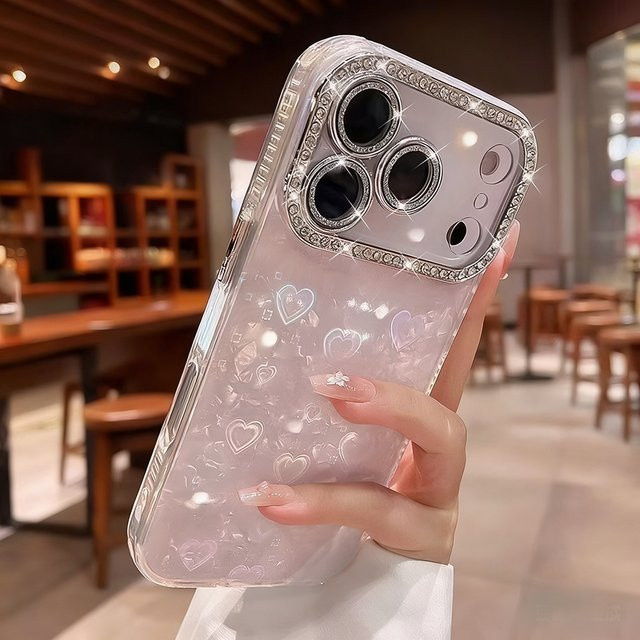 Glitzer Handyhülle mit Muschelmuster und Herzdesign für Apple iPhone 11 bis 17 Pro Max Plus Air in Weiß - Bild 1