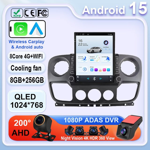 AutoNevee Android 15 Multimedia Player mit GPS und Touchscreen für Renault Master, Nissan NV400 und Opel Movano (2010 - 2021), Schwarz - Bild 1
