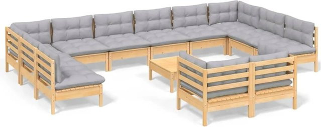 vidaXL 13-tlg. Garten-Lounge-Set aus massivem Kiefernholz mit grauen Kissen - Bild 1