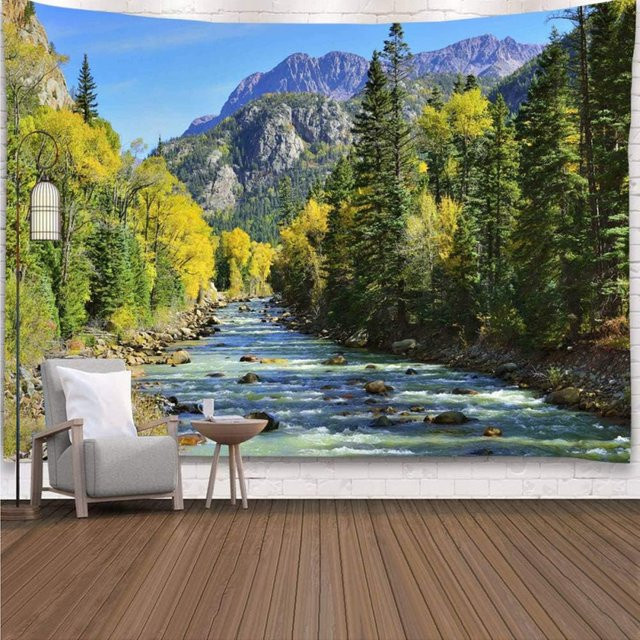 VIKAMA Wandteppich mit Bergwaldmotiv und Wasserfall-Landschaft in Multicolour - Bild 1