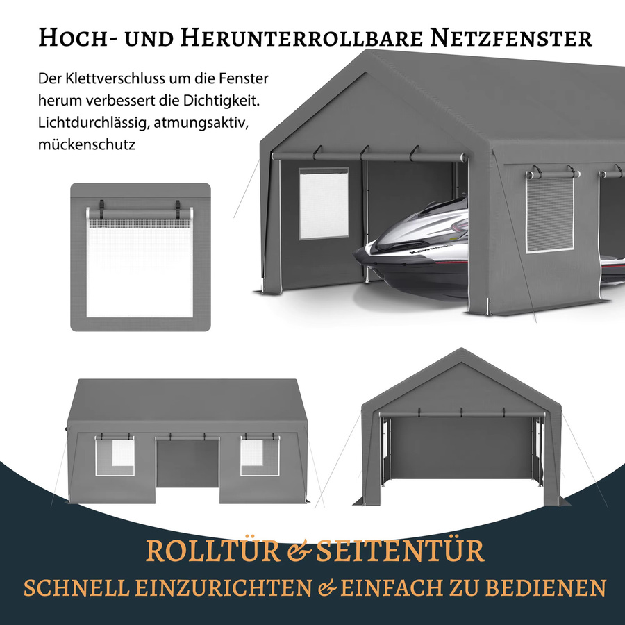 THANADDO Carport-Garagenzelt Allwetter-Unterstand mit Aufrolltüren und Netzfenstern, Grau, B/T/H: 396,2 x 325,0 x 300,0 cm - Bild 3