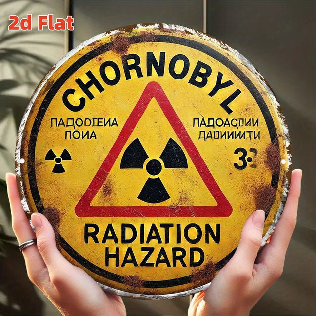 Potdemiel Warnschild Chernobyl Radiation Hazard in Gelb, rundes Metallschild mit kyrillischem und englischem Text, Durchmesser: 20 cm - Bild 1