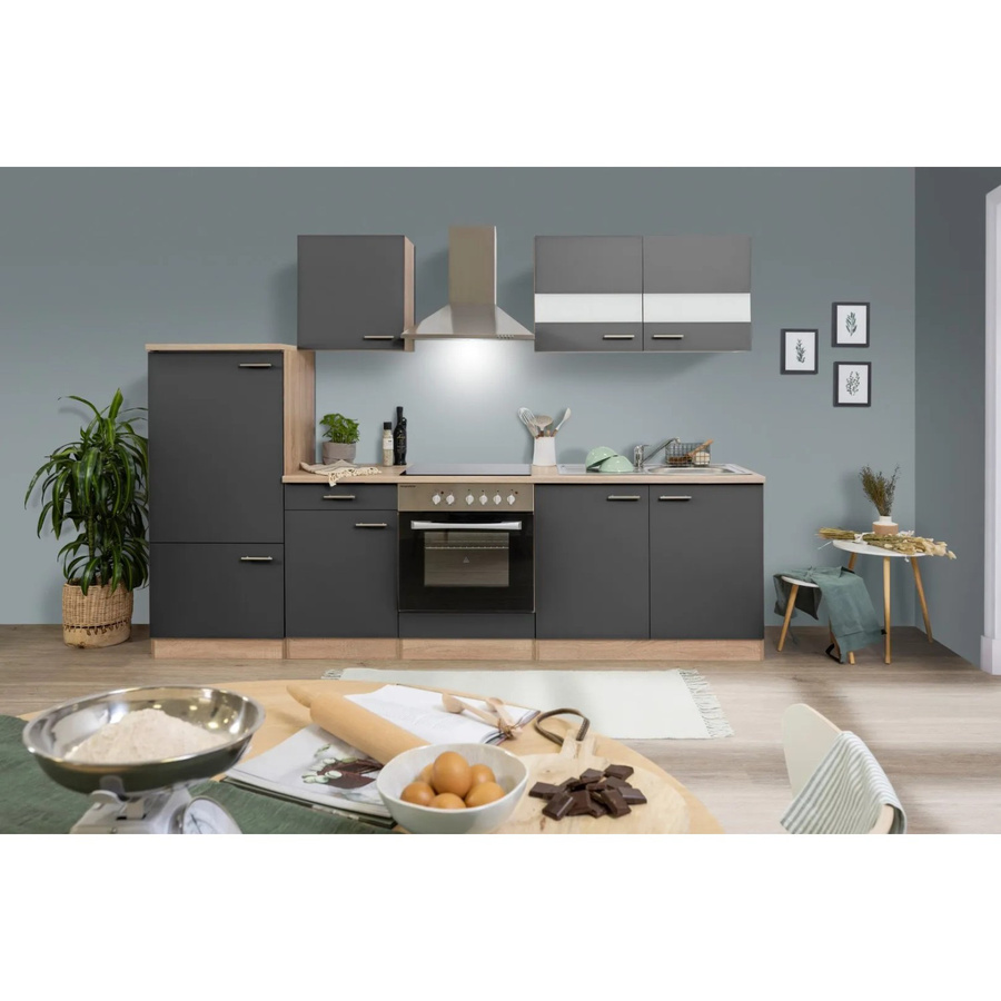 Respekta Küchenzeile modern in Grau Eiche Sägerau mit Soft-Close-Türen und Glaselementen, Breite: 270 cm, Tiefe: 55,5 cm, Höhe: 6 cm - Bild 2
