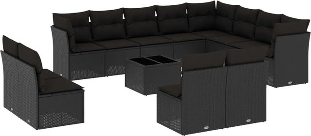vidaXL 13-tlg. Garten-Sofagarnitur in U-Form aus Polyrattan mit Kissen und Stauraum, Schwarz - Bild 1