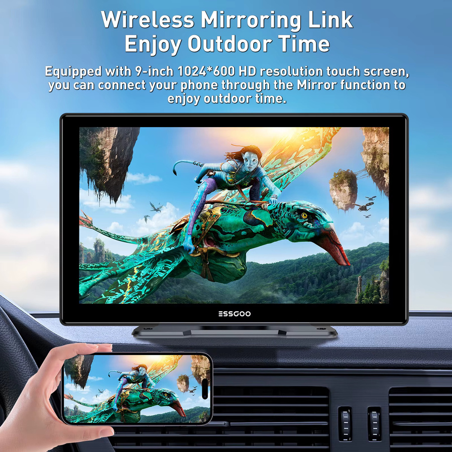 ESSGOO 9 Zoll universelles kabelloses CarPlay und Android Auto Infotainment-System mit Bluetooth, AUX, FM und Mirror Link in Schwarz - Bild 5