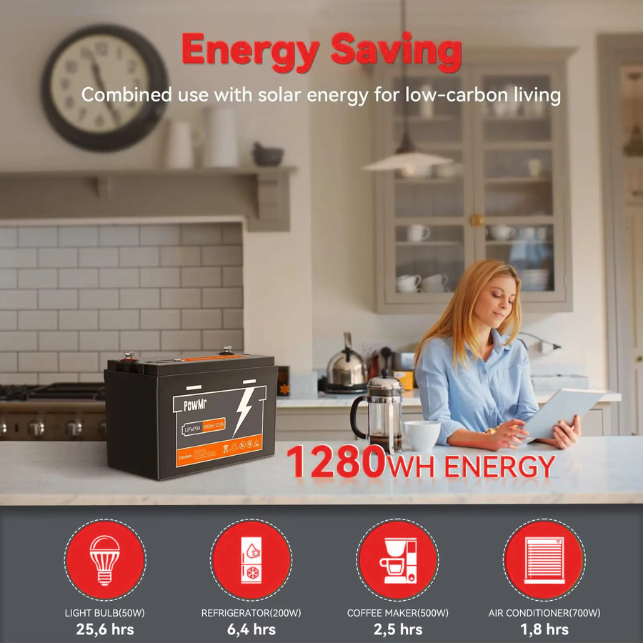 PowMr LiFePO4 Solar-Lithiumbatterie 12,8 V in Schwarz mit über 6000 Zyklen für die serielle Verschaltung bis zu 4 Einheiten - Bild 4