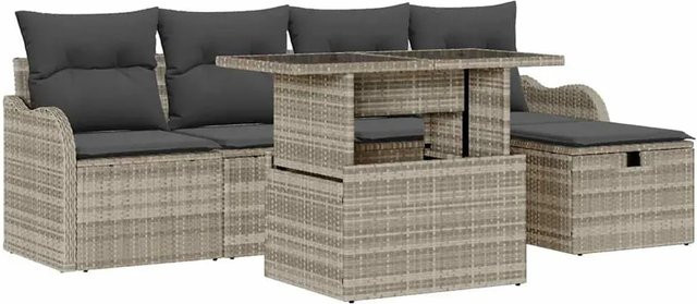 vidaXL Garten-Sofa-Set aus Polyrattan in Hellgrau, 6-teiliges L-Shape Set mit 3-Sitzer-Sofa, Couchtisch und Kissen - Bild 1