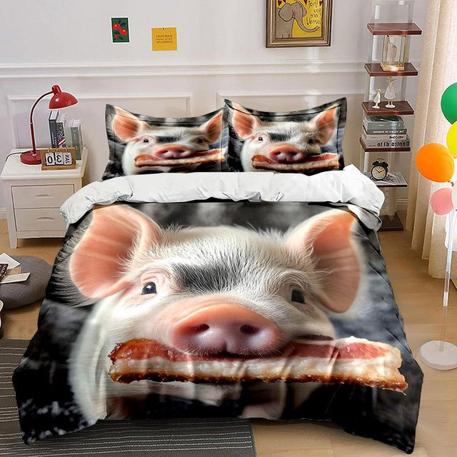 Bettwäsche-Set mit Ferkel und Speck Aufdruck, bestehend aus 1 Bettbezug und 2 Kissenbezügen, Farbe Weiß, B/H: 180 x 210 cm - Bild 1