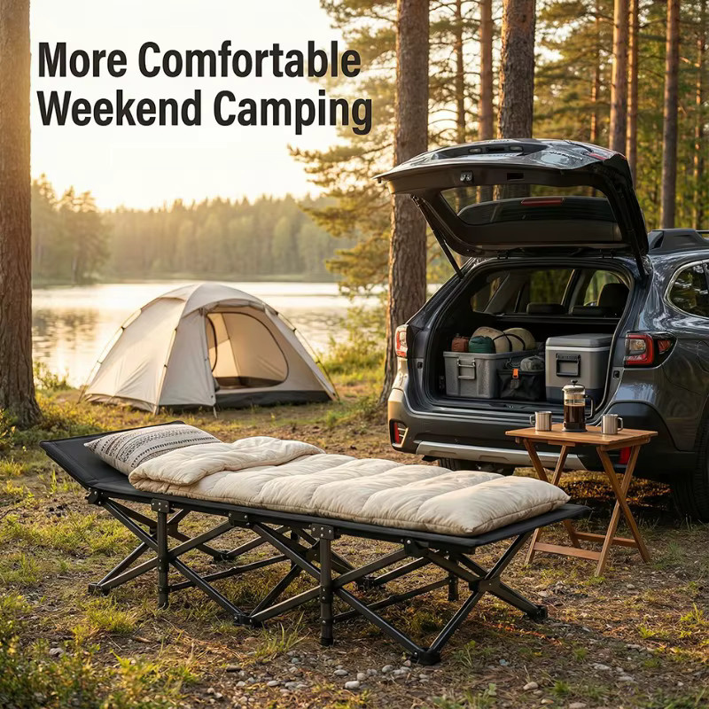 MDUG Tragbares Klappbares Campingbett aus Metall und Textilene in Schwarz mit verstellbarer Kopfstütze, Tragkraft 150 kg - Bild 2