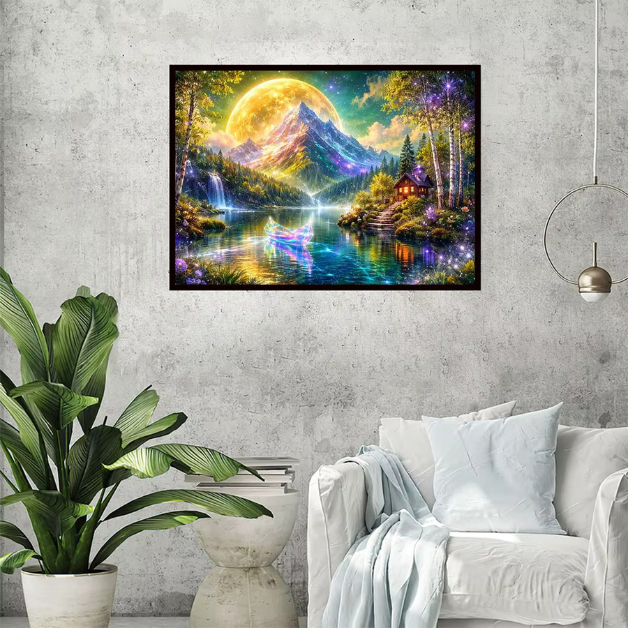 Momoart DIY Diamant-Stickerei Set Berglandschaftsgemälde mit Fluss in Multicolour, rundes Diamant-Mosaik für die Wandgestaltung - Bild 3