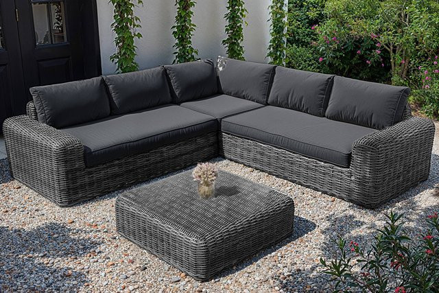 OUTFLEXX Ecklounge für 6 Personen aus Polyrattan in Grauweiß/Anthrazit mit Tisch, Hocker und Olefin-Polstern in Anthrazit - Bild 1